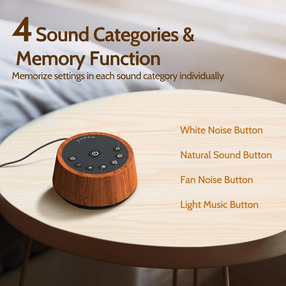 Color Noise Sleep White Noise Sound Machine – 25 Soothing Sounds, 32 Volume Levels, 5 Timers, Wood Finish