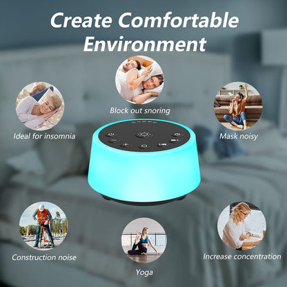 Color Noise Sound Machine — 10-Color Night Light, 25 Sounds, 32 Volume Levels, 5 Timers