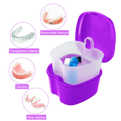 Colorful Denture Bath Case with Brush - Waterproof Mouth Guard Storage (Purple)