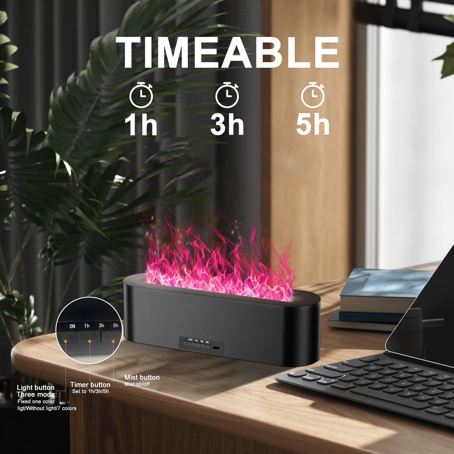 Colorful Flame Fire Diffuser Humidifier – 7-Color LED Oil Diffuser (150ml, Ultra-Quiet, Auto-Off)