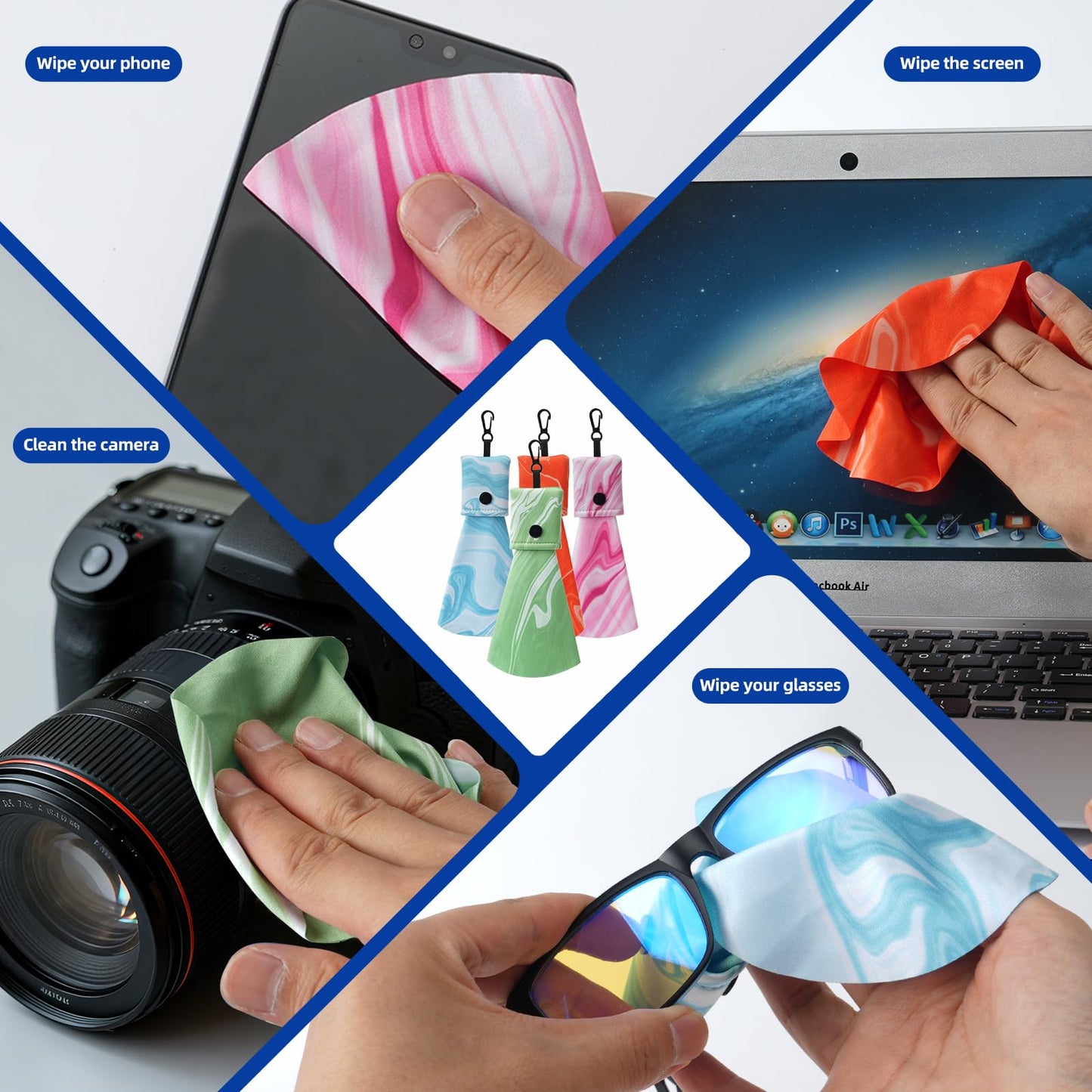 Colorful Glasses Cleaning Cloths - Microfiber Wipes | Portable Keychain Lens Cleaner for Sunglasses & Electronics