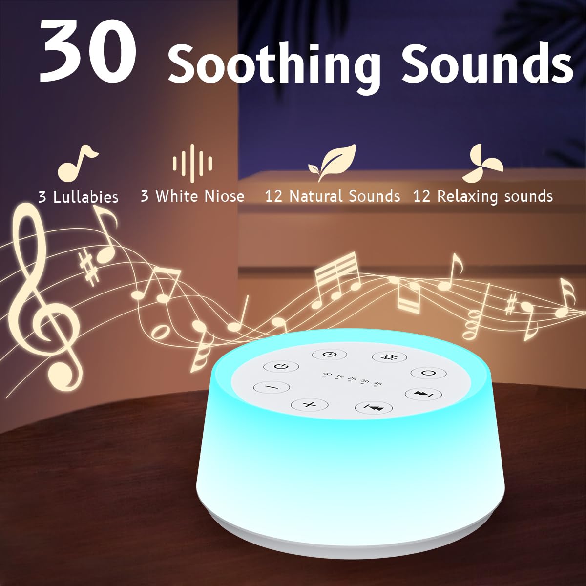 ColorsNoise Sound Machine: 30 Sounds, 12-Color Night Light, Memory Function