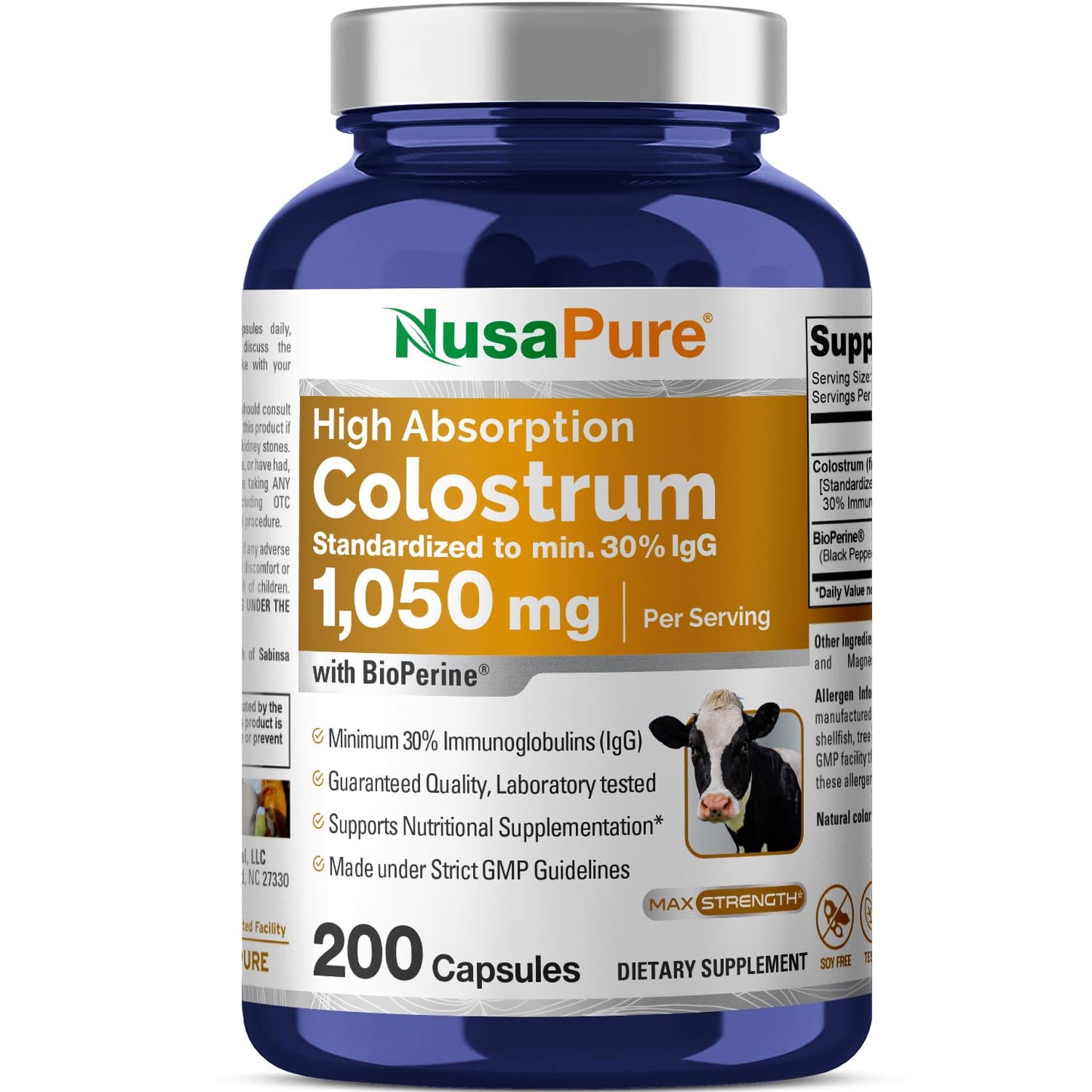 NusaPure Colostrum 1050mg 30% IgG – 200 Capsules (Non-GMO, Soyfree, Bioperine)