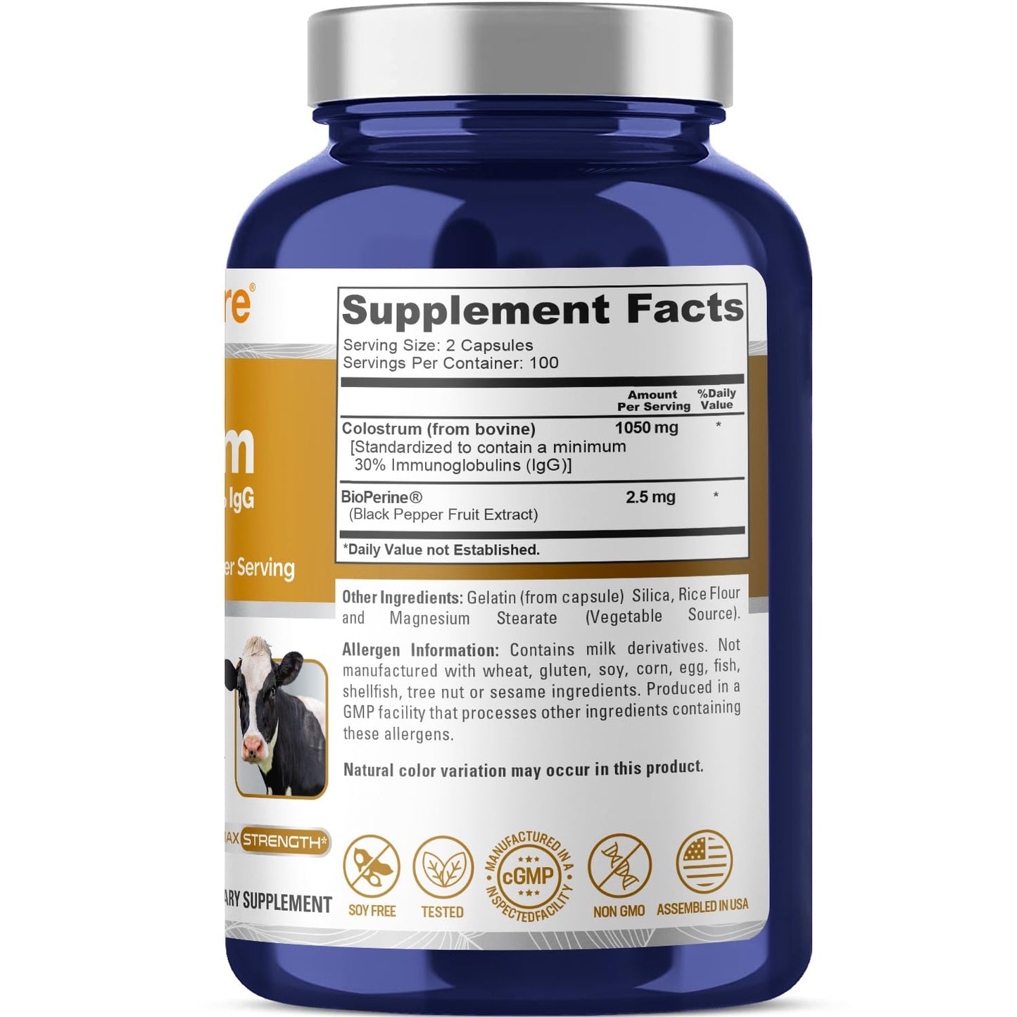 NusaPure Colostrum 1050mg 30% IgG – 200 Capsules (Non-GMO, Soyfree, Bioperine)