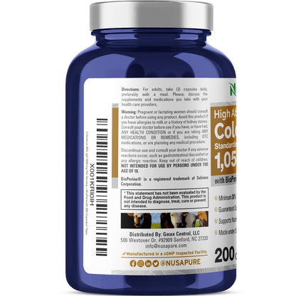 NusaPure Colostrum 1050mg 30% IgG – 200 Capsules (Non-GMO, Soyfree, Bioperine)
