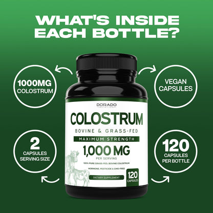 Colostrum Supplement 120 Count – 1000mg per Serving, Grass-Fed, USA Made, 20% IgG