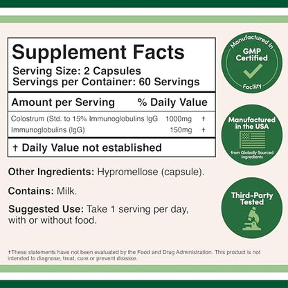 Colostrum Supplement 120 Capsules, 1,000mg per Serving | First Milking Bovine Colostrum (15% IgG) | No Fillers | Third-Party Tested by Double Wood