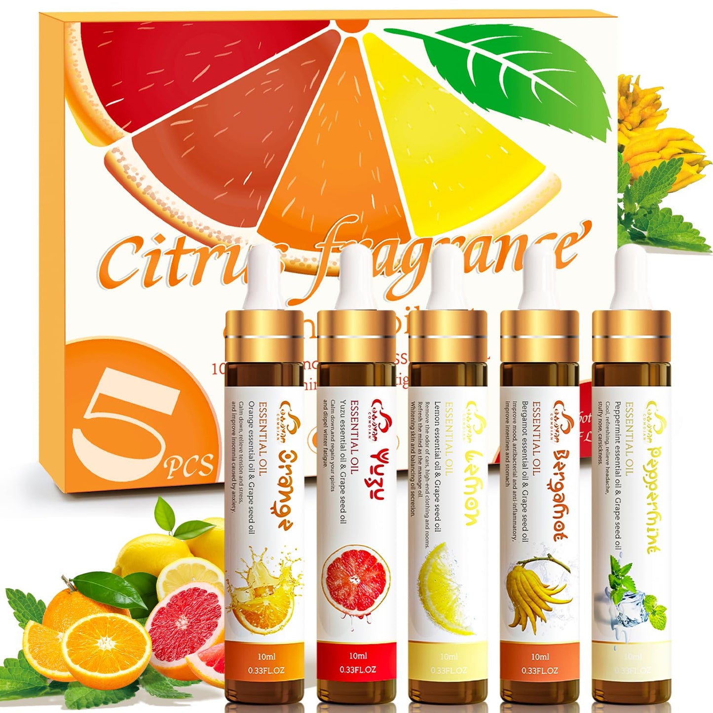 Comdian 5-Piece Citrus Essential Oils Set – Lemon, Bergamot, Orange, Peppermint, Yuzu