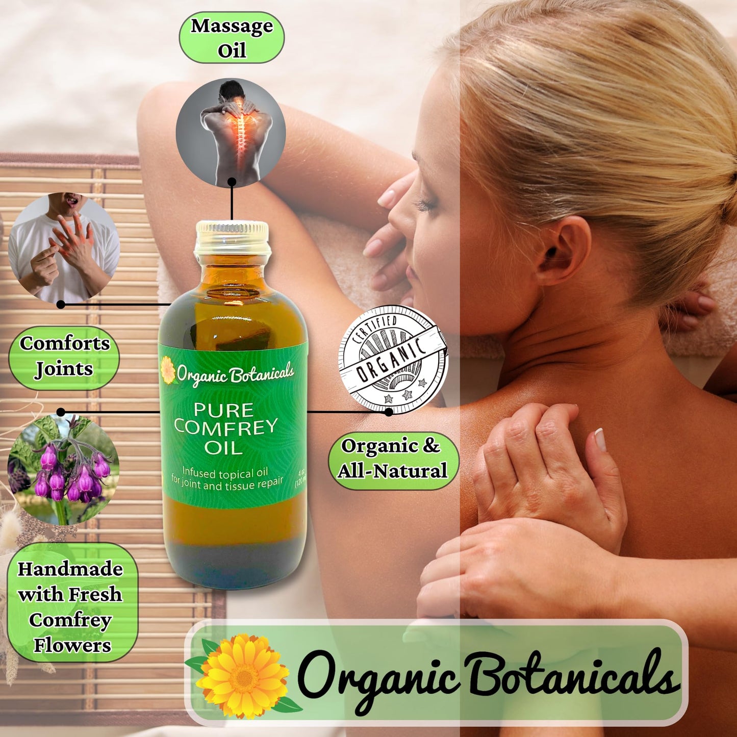 Organic Comfrey Leaf Infused Oil – Skin Care for Joints, Back & Muscles (4 oz) | Certified Organic