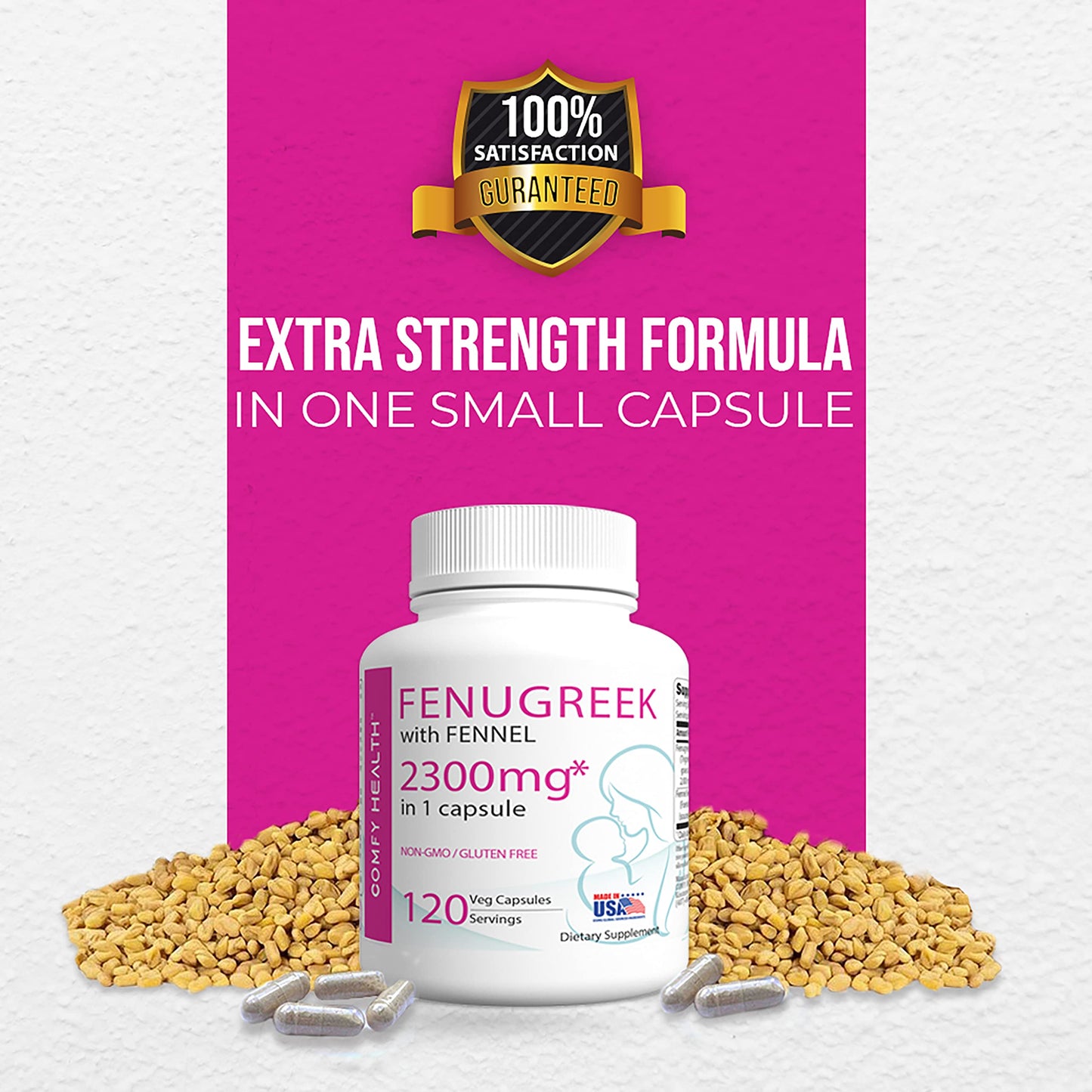 Comfy Health Fenugreek Capsules with Fennel for Lactation – 2300mg per Capsule, 120 Count, Gluten Free, Non-GMO