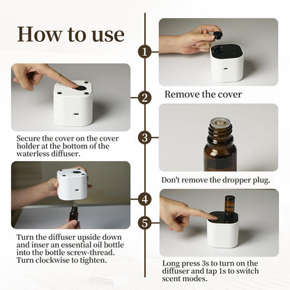 Waterless Portable Essential Oil Diffuser – Battery-Operated Mini Diffuser with 3 Mist Modes, 10ml Oil Included (White)