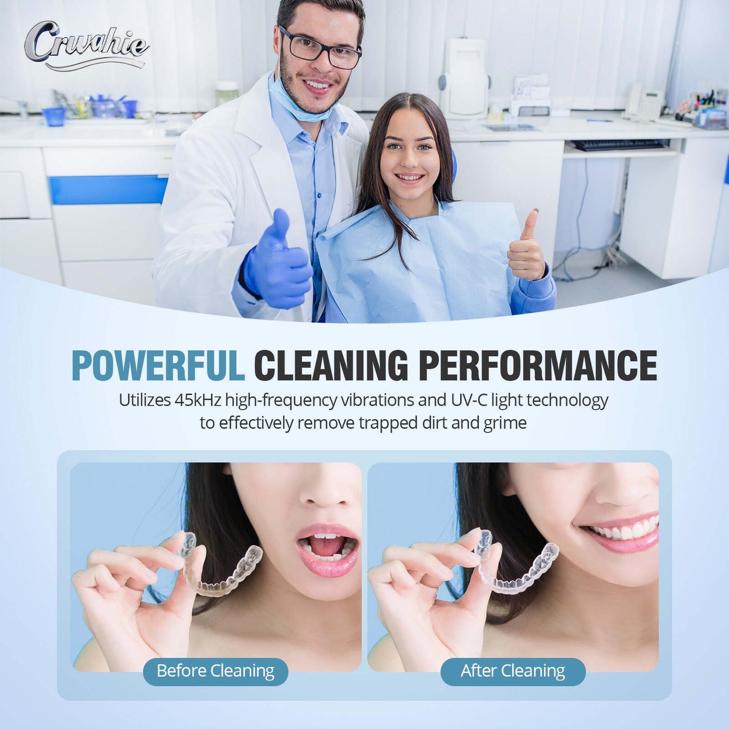 Ultrasonic Retainer Cleaner 45kHz - 3 Modes, Visible Window, Digital Timer - Black