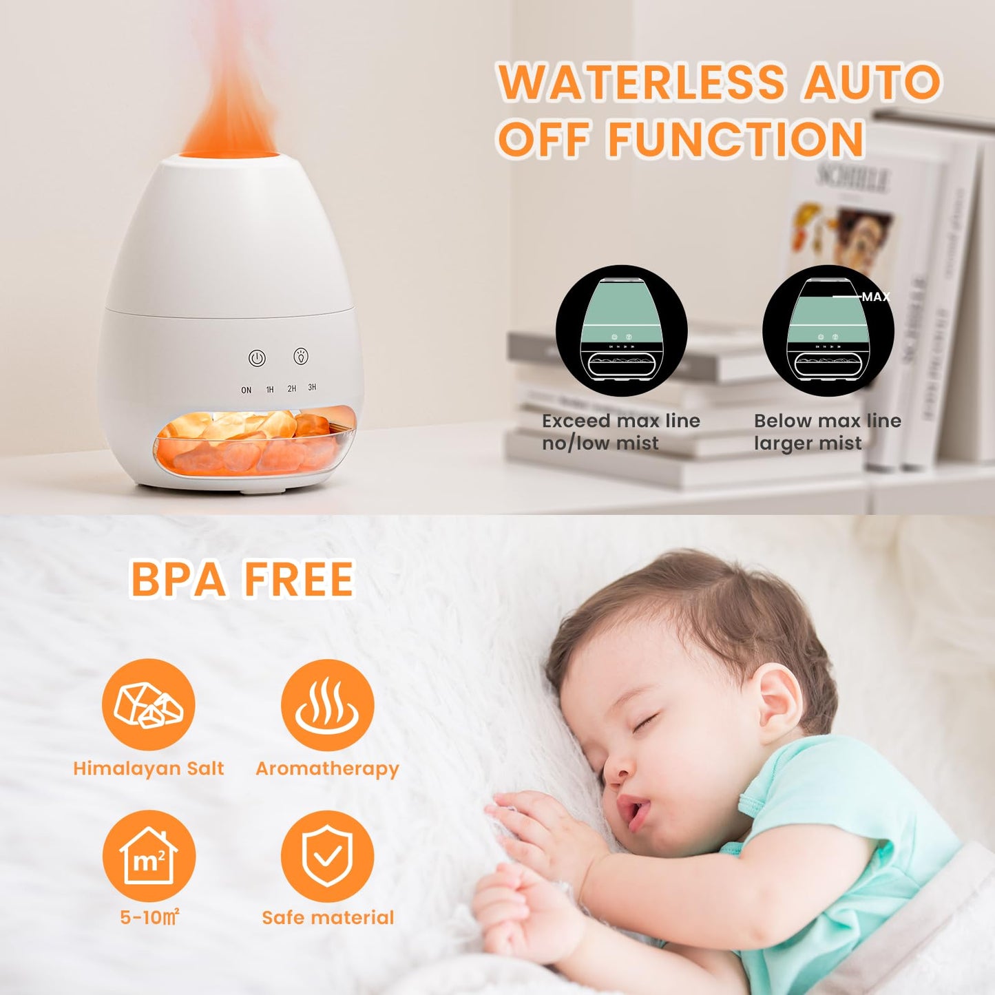 Ultrasonic Essential Oil Diffuser with Himalayan Salt Rock – Flame Effect, 100ML, Auto Off