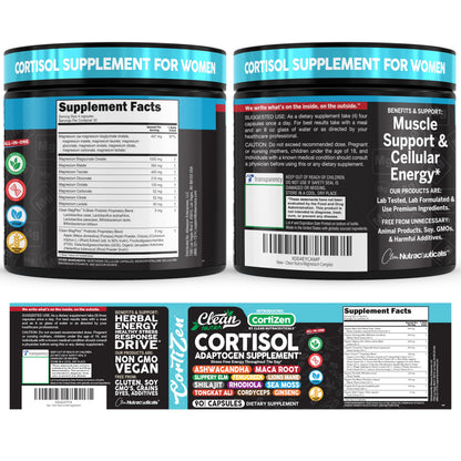 Clean Nutra Cortisol Supplements For Women | Maca Root Ashwagandha Cortisol Detox Manager Reducer + Slippery Elm Fenugreek Lions Mane Shilajit Rhodiola Sea Moss Tongkat Ali Cordyceps Ginseng Beet Root