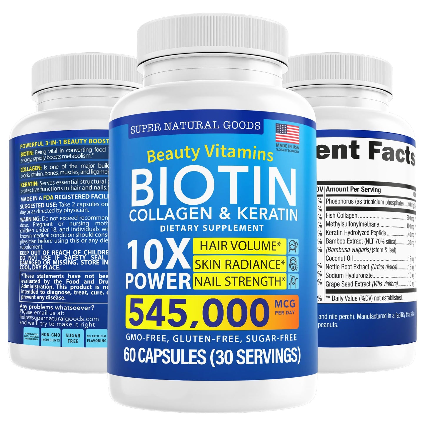Biotin, Collagen & Keratin with Folate – Hair Growth Vitamins for Women & Men (60 Caps)