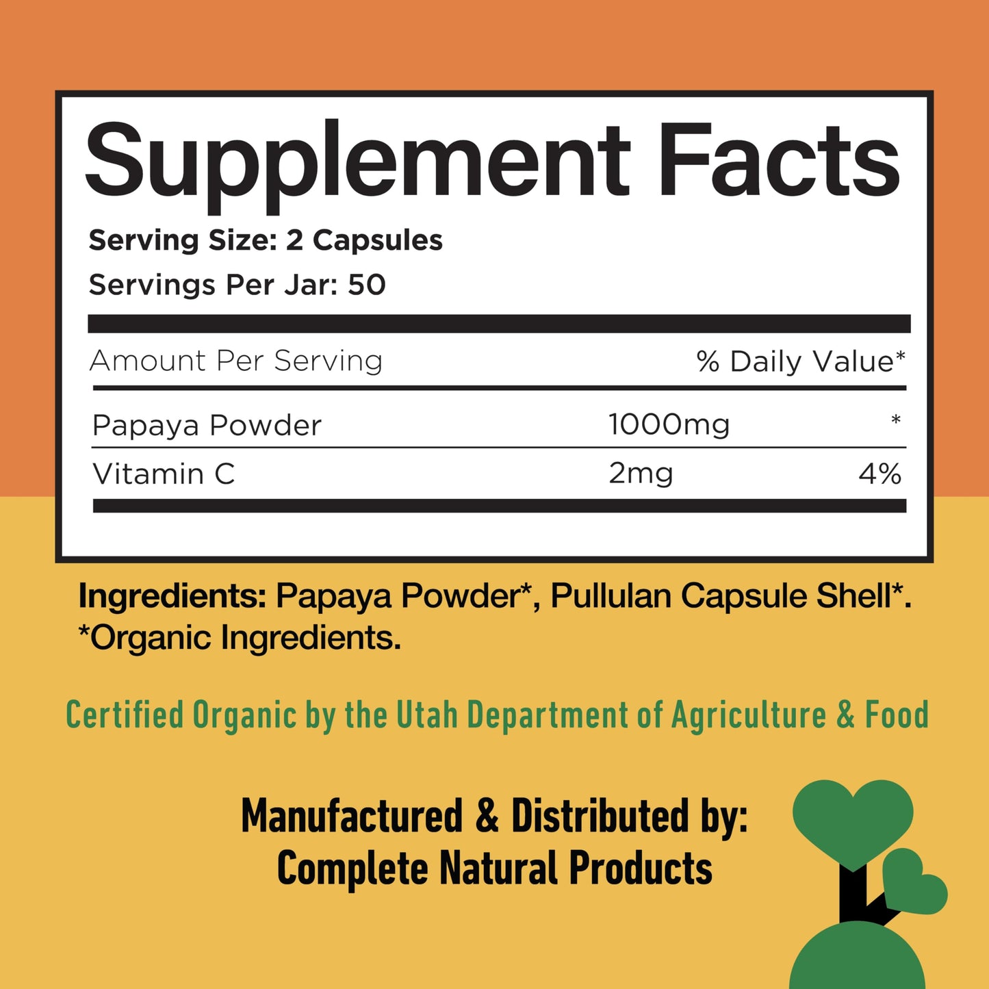 Complete Natural Organic Papaya Enzymes & Papain Capsules – 500mg, 100 Pills