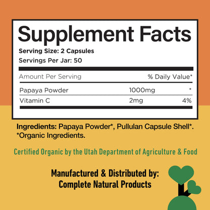 Complete Natural Organic Papaya Enzymes & Papain Capsules – 500mg, 100 Pills