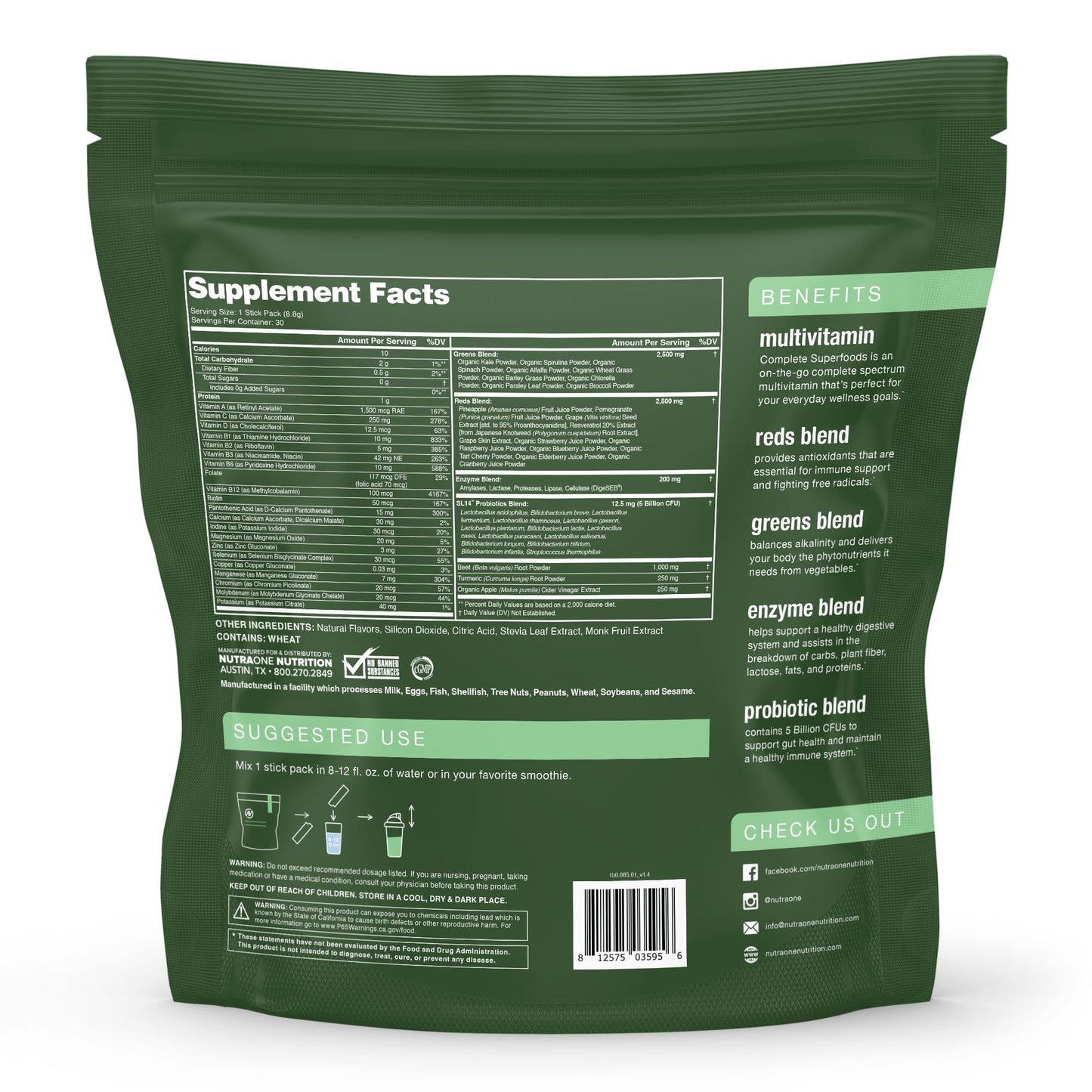 Complete Superfoods Multivitamin with Greens & Reds – Raspberry Pomegranate, 30 Stick Packs
