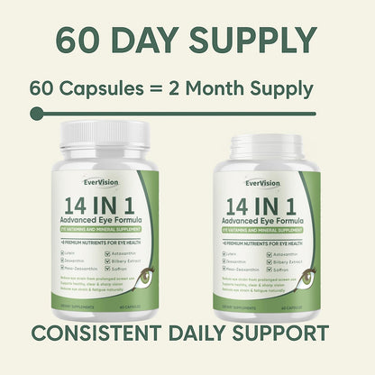 Evervision 14 in 1 Advanced Eye Formula – Eye Health Supplement for Adults & Seniors | 60 Capsules