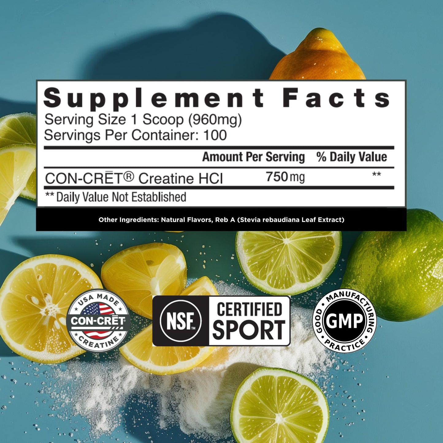 CON-CRET Creatine HCl Powder – USA Made, NSF Certified, Lemon Lime (100 Servings)