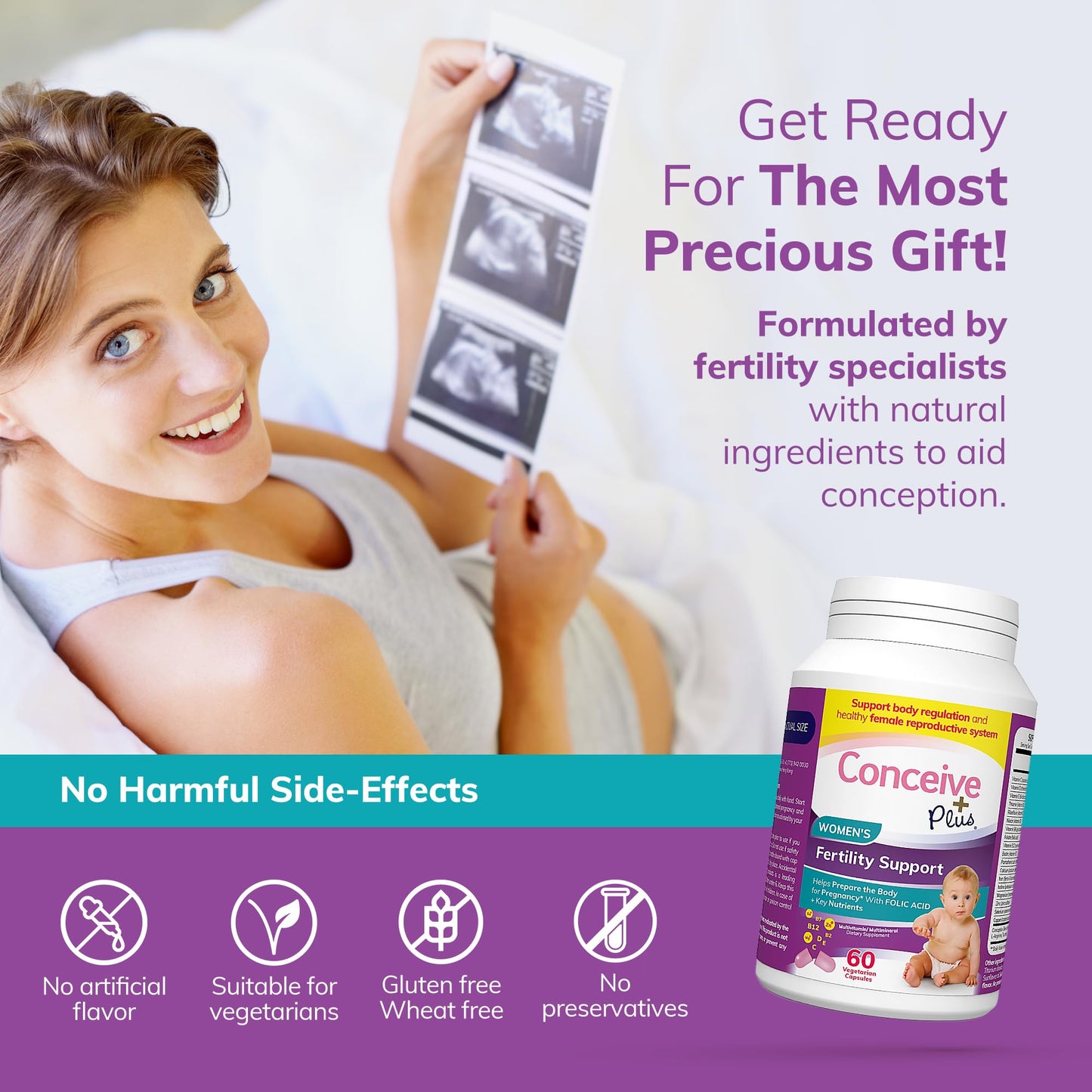 CONCEIVE PLUS Women's Fertility Support - Prenatal Multivitamin for Conception | Non-GMO, Vegan | 30 Days