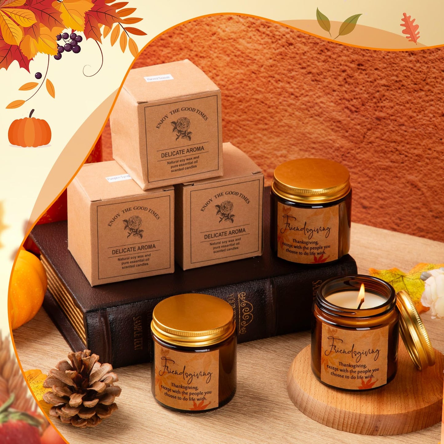 Conelist 3 Pcs Thanksgiving Candles Set – 3.5 oz Soy Wax Amber Glass Jar | Fall Scented Gift
