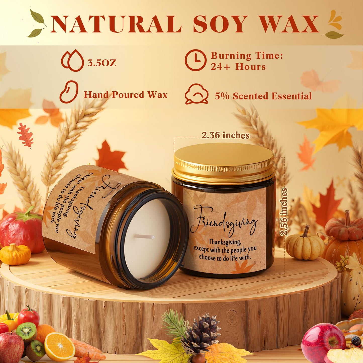 Conelist 3 Pcs Thanksgiving Candles Set – 3.5 oz Soy Wax Amber Glass Jar | Fall Scented Gift