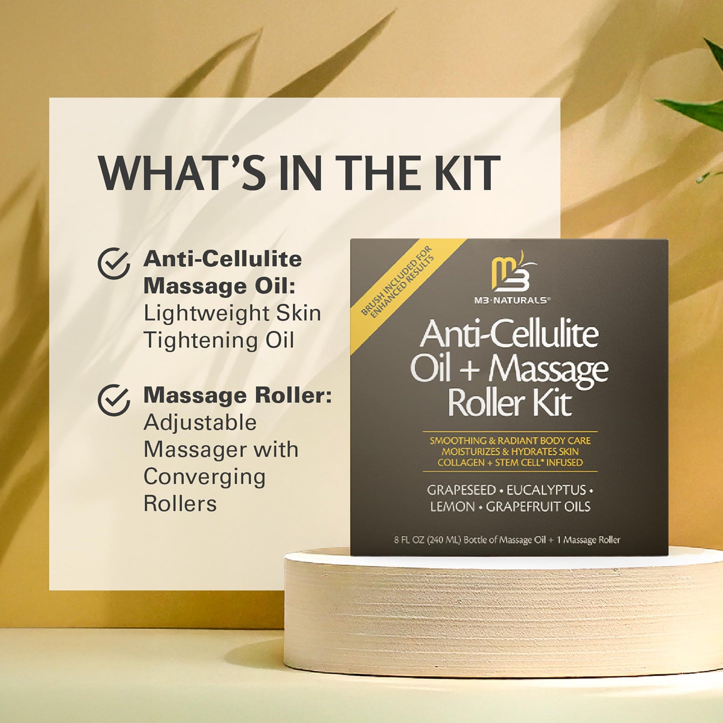 Anti Cellulite Oil & Lymphatic Drainage Massager Kit | Fascia Blaster for Contoured & Smoother Skin | 8 fl oz by M3 Naturals