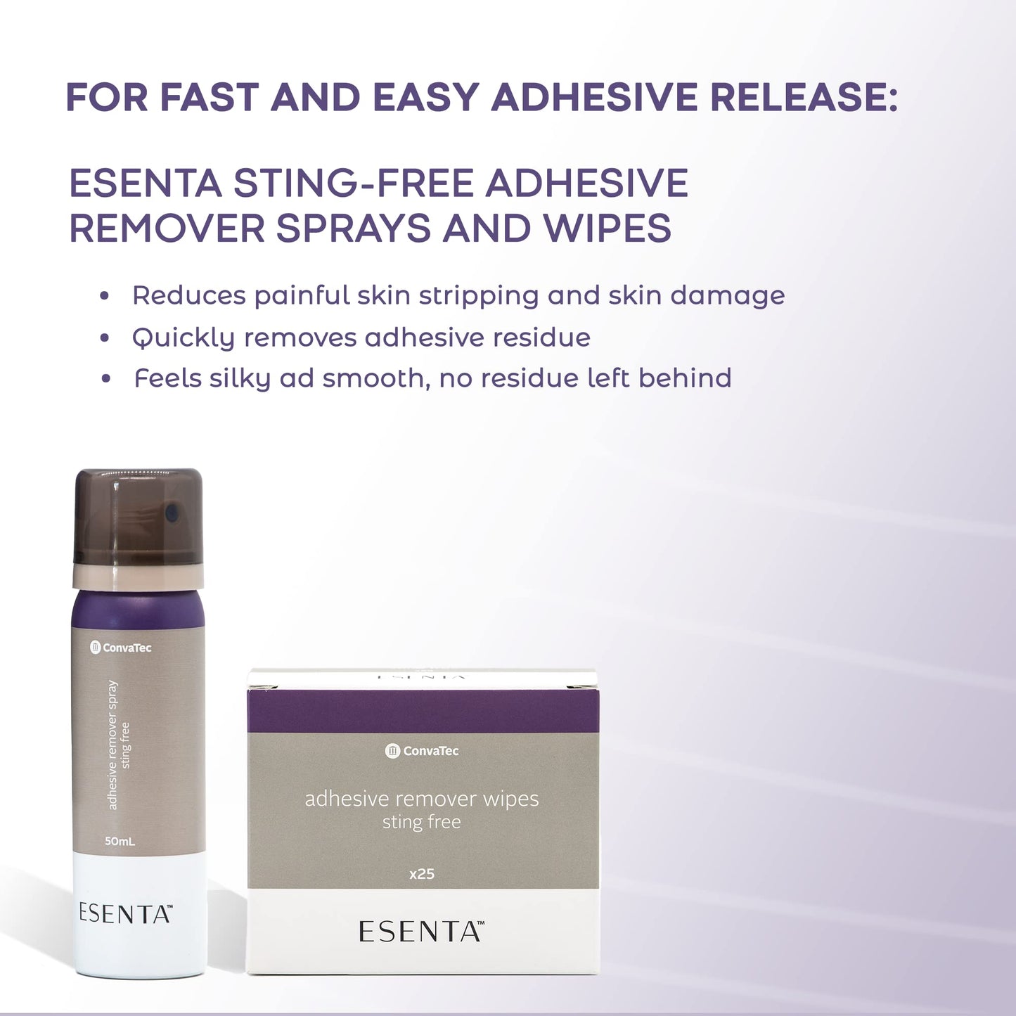 ConvaTec ESENTA Sting-Free Adhesive Remover Wipes — Alcohol-Free, Latex-Free, 25ct Pack (Case of 20)