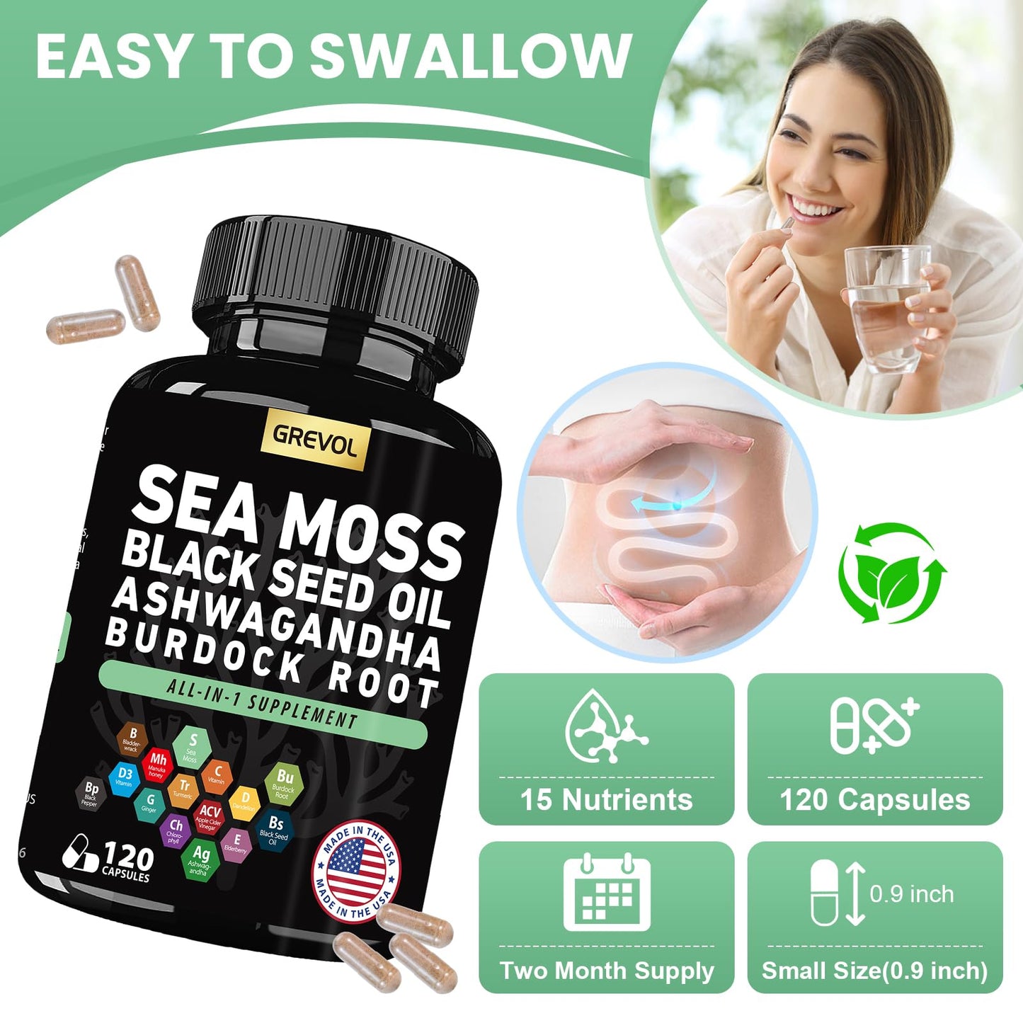 Sea Moss Capsules with Ashwagandha, Black Seed Oil & Turmeric - Multimineral Supplement 120 Count