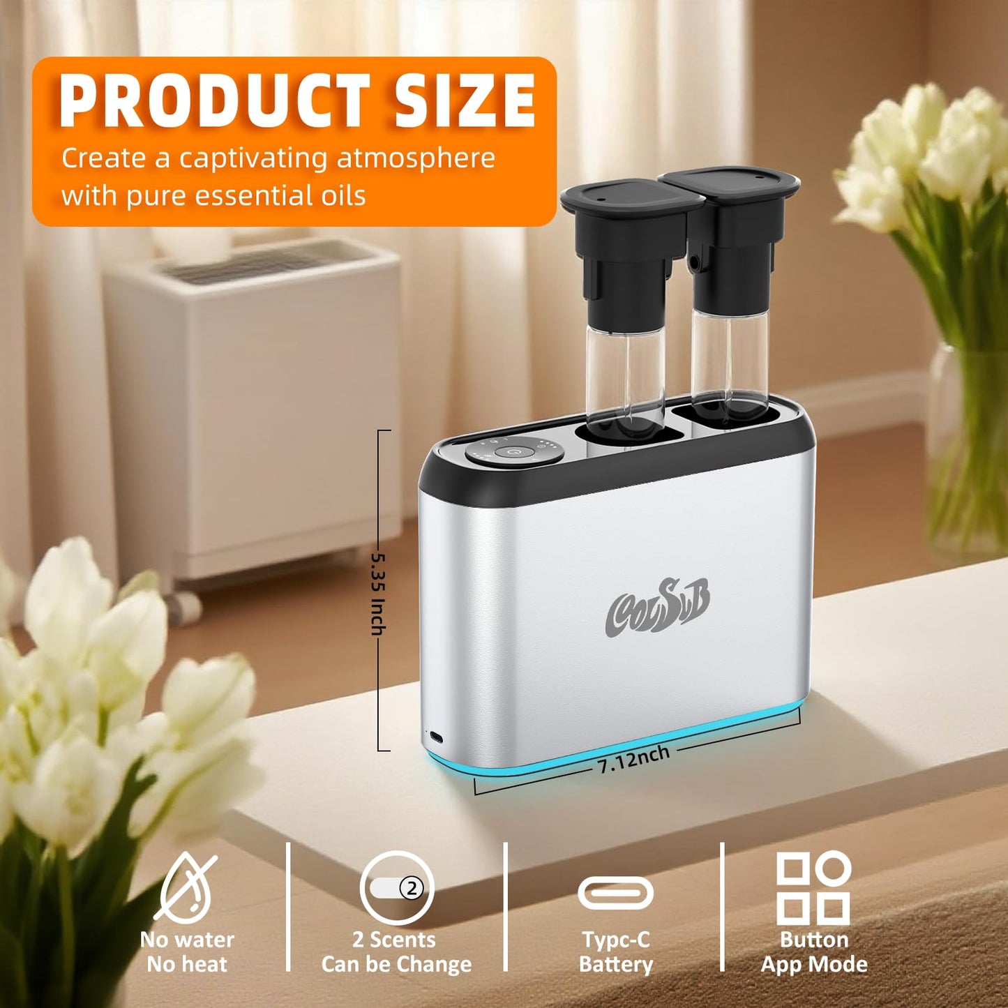 CoolSub Smart Aroma Diffuser | Dual-Nozzle Waterless Diffuser with Bluetooth App & Silent Cool Mist