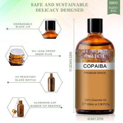 Copaiba Essential Oil 100ml (3.38fl.oz) | PHATOIL Pure Aromatherapy Oil for Diffuser, Humidifier, DIY Soap, Candle & Bath Bombs