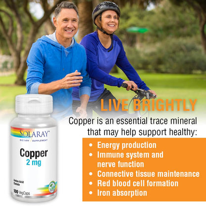 Solaray Copper 2 mg | Immune & Nerve Support | Red Blood Cell Formation | Non-GMO | 100ct