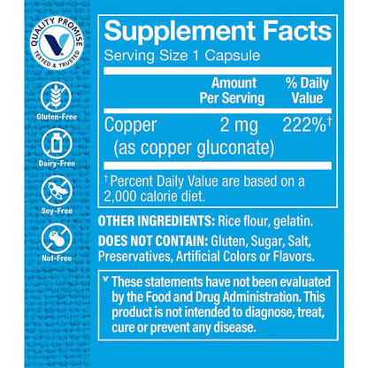 Copper 2mg by The Vitamin Shoppe – Iron Metabolism, Antioxidant Support & Immune Function (100 Capsules)