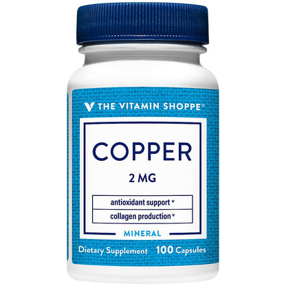 Copper 2mg by The Vitamin Shoppe – Iron Metabolism, Antioxidant Support & Immune Function (100 Capsules)