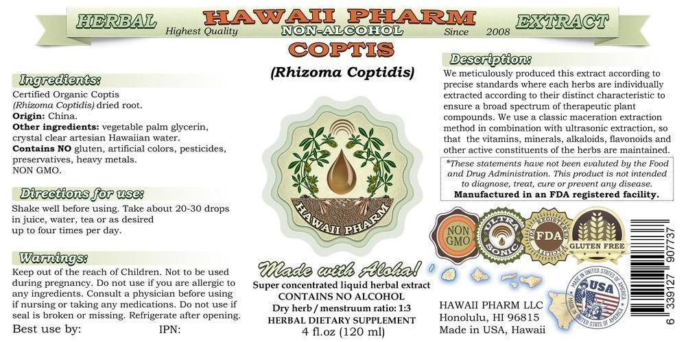 Coptis Alcohol-Free Liquid Extract | Coptis (Rhizoma Coptidis) Dried Root Glycerite Hawaii Pharm Natural Herbal Supplement 2 oz