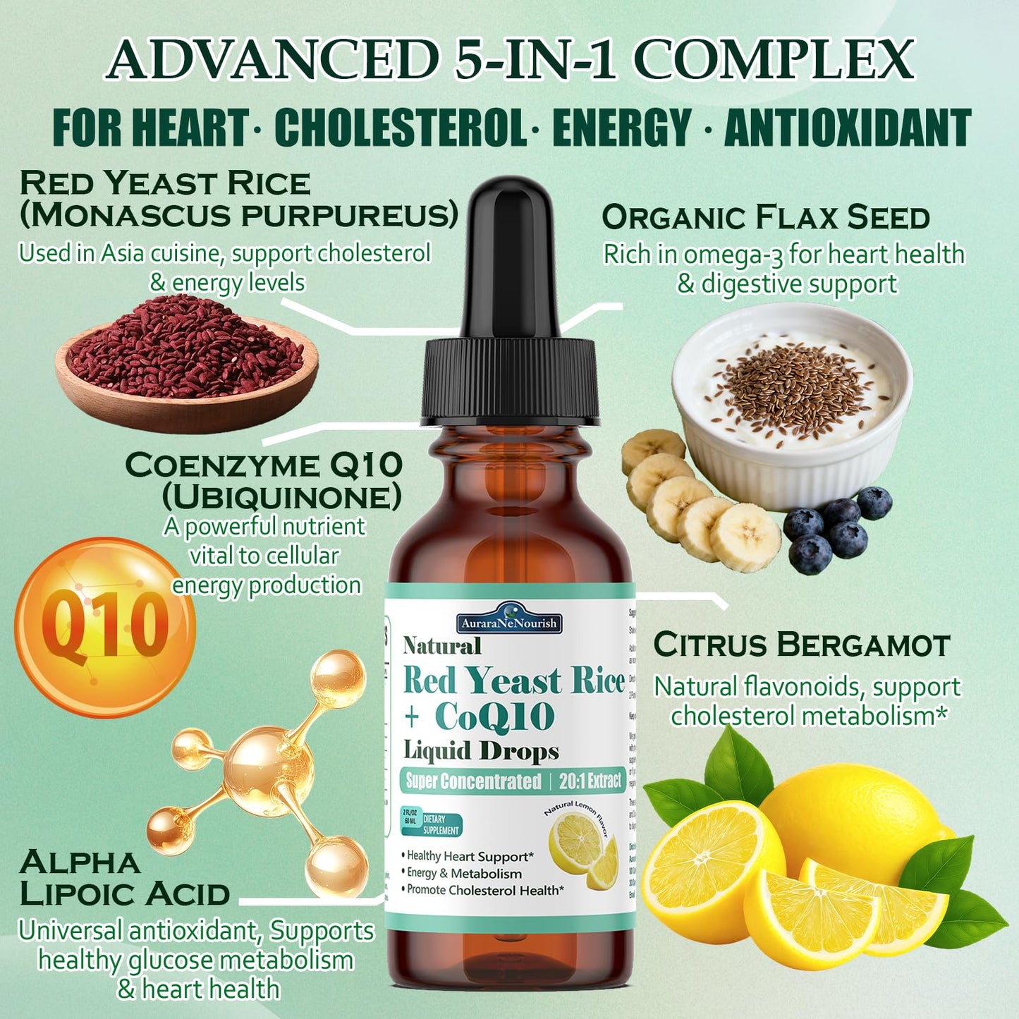 Red Yeast Rice with CoQ10 Liposomal Drops – 1200mg, 5-in-1 Cholesterol Support