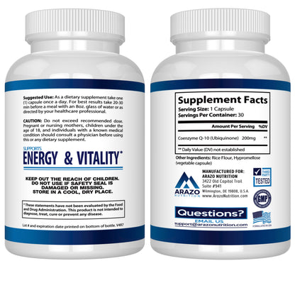 Arazo Nutrition CoQ10 Ubiquinone 200mg – High Absorption, No Soy | Pack of 2