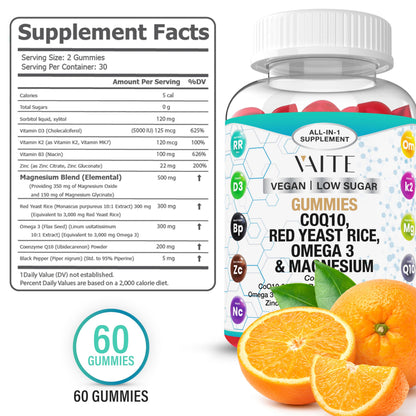 CoQ10 200mg Gummies with Red Yeast Rice & Magnesium Glycinate – Omega-3, Zinc, and Vitamin K2+D3 for Overall Health – Supplements for Adults – 60 Chewable Gummies
