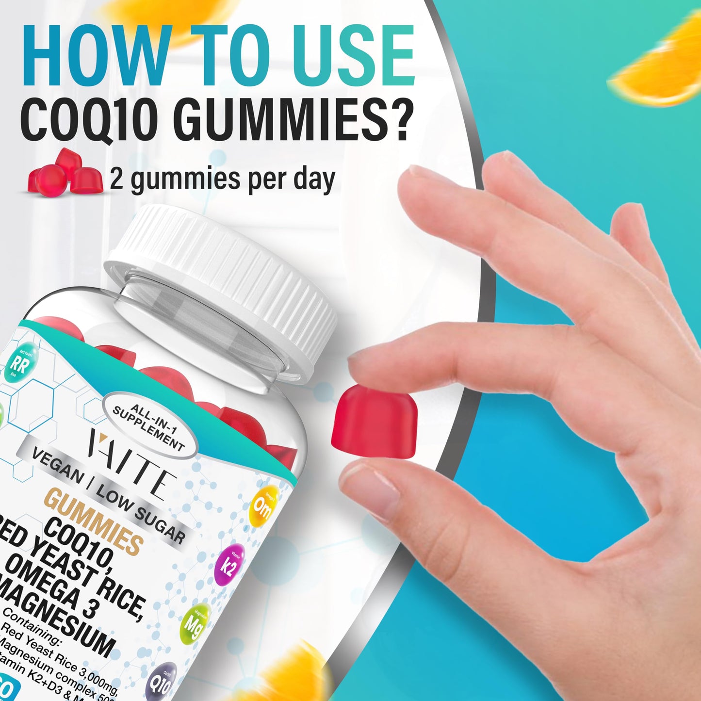 CoQ10 200mg Gummies with Red Yeast Rice & Magnesium Glycinate – Omega-3, Zinc, and Vitamin K2+D3 for Overall Health – Supplements for Adults – 60 Chewable Gummies