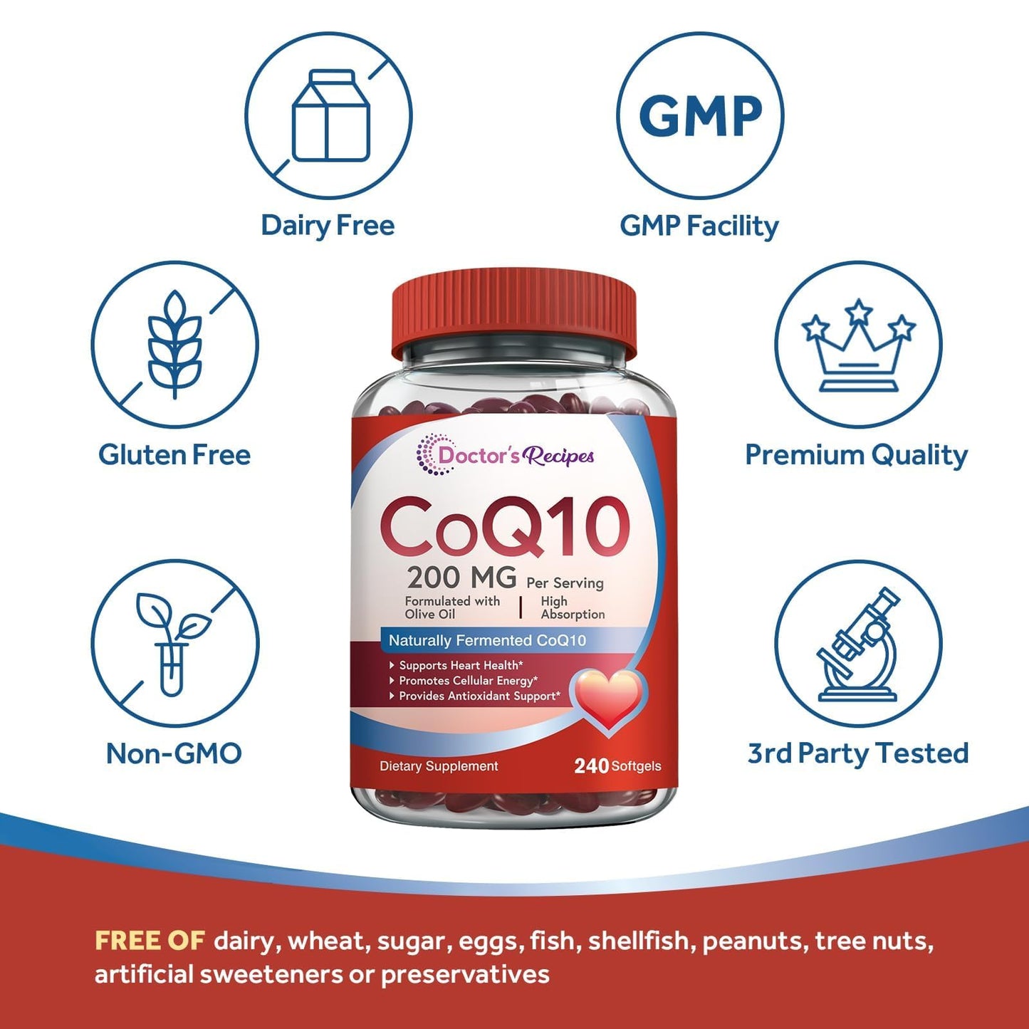 CoQ10 200mg High Absorption with Olive Oil – 240 Softgels | Doctor's Recipes