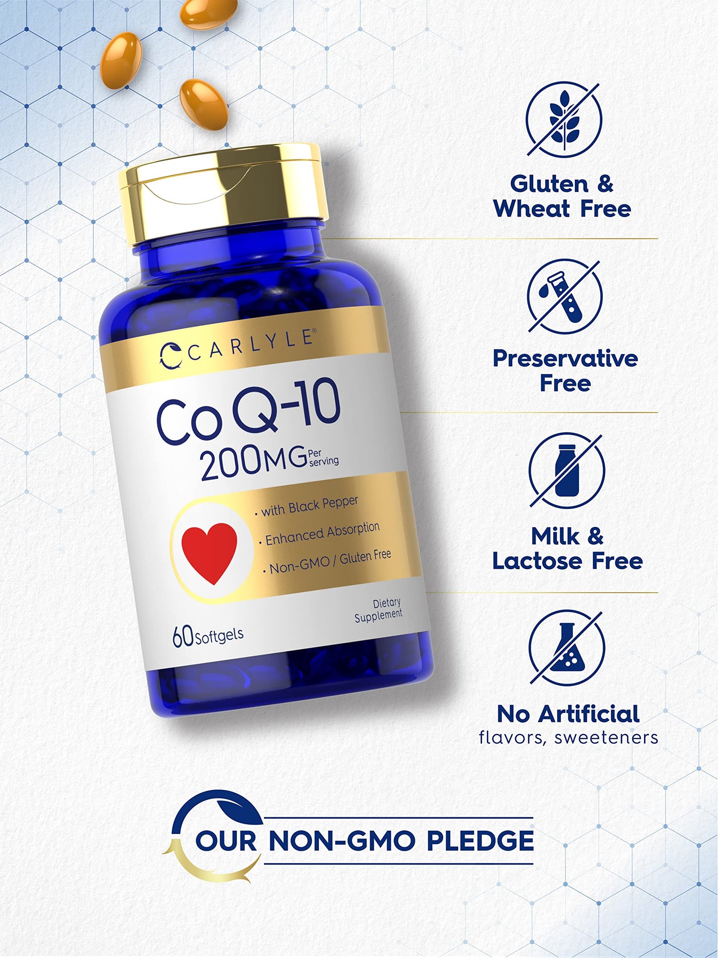Carlyle CoQ10 200mg Softgels – 60 Count | Enhanced Absorption, Gluten Free, Non-GMO