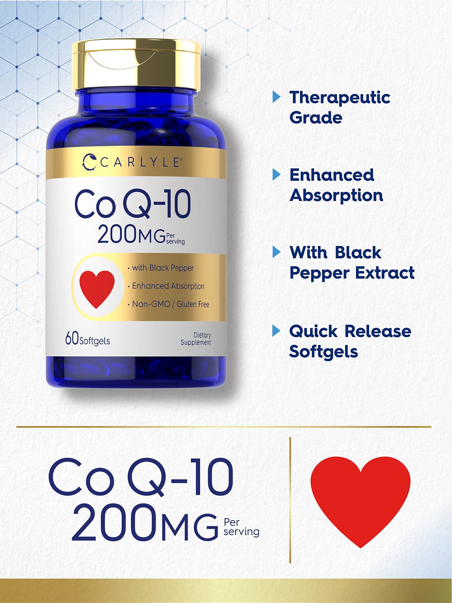 Carlyle CoQ10 200mg Softgels – 60 Count | Enhanced Absorption, Gluten Free, Non-GMO