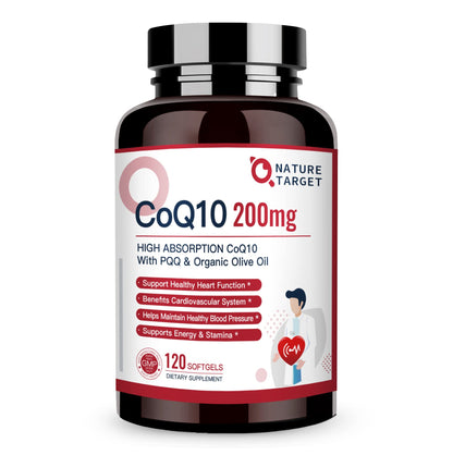Nature Target CoQ10 200mg Softgels + Organic Olive Oil – High Absorption, 120 Servings
