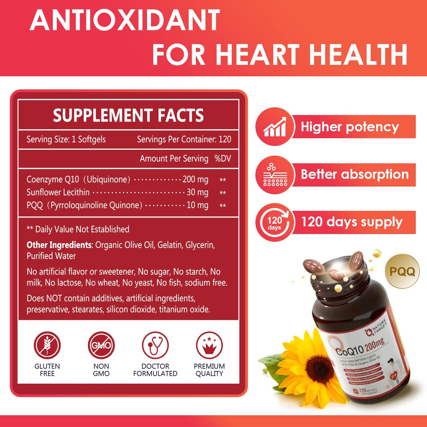 Nature Target CoQ10 200mg Softgels + Organic Olive Oil – High Absorption, 120 Servings