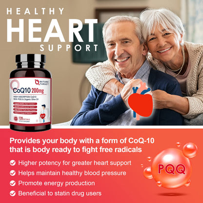 Nature Target CoQ10 200mg Softgels + Organic Olive Oil – High Absorption, 120 Servings