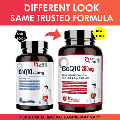 Nature Target CoQ10 200mg Softgels + Organic Olive Oil – High Absorption, 120 Servings