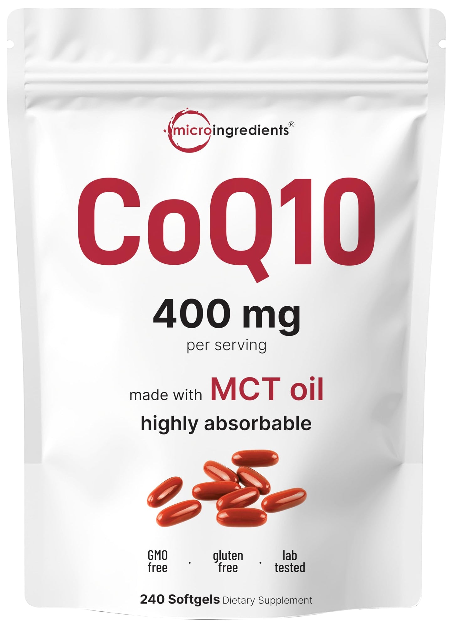Micro Ingredients CoQ10 400mg Per Serving | 240 Softgels with Coconut MCT Oil | High Absorption Ubiquinone | Antioxidant Support for Heart & Energy | Non-GMO