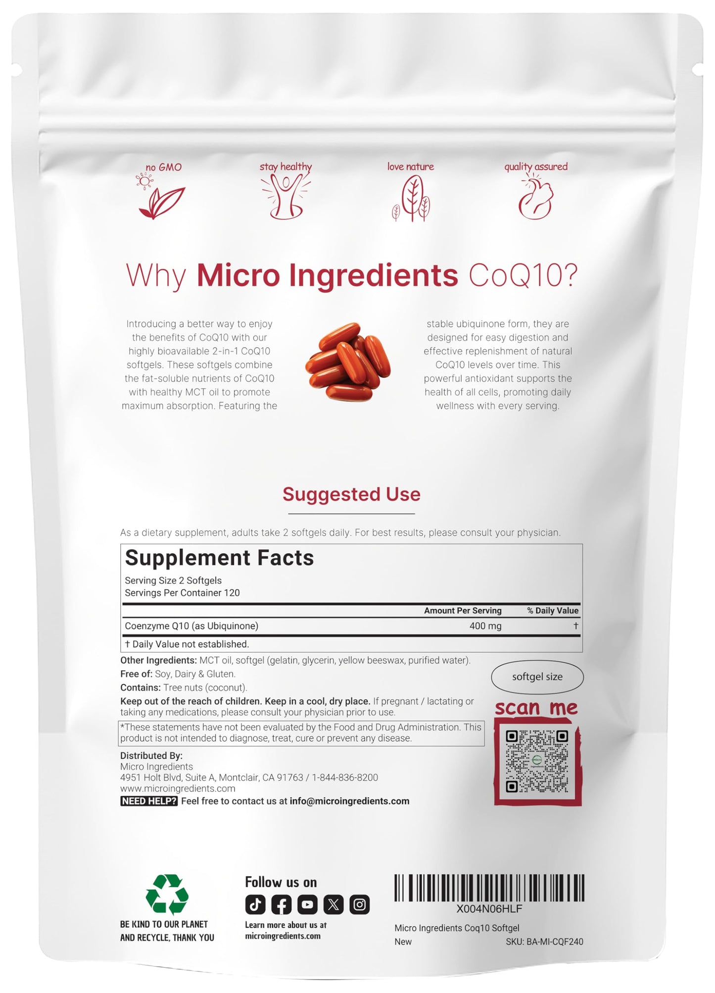 Micro Ingredients CoQ10 400mg Per Serving | 240 Softgels with Coconut MCT Oil | High Absorption Ubiquinone | Antioxidant Support for Heart & Energy | Non-GMO
