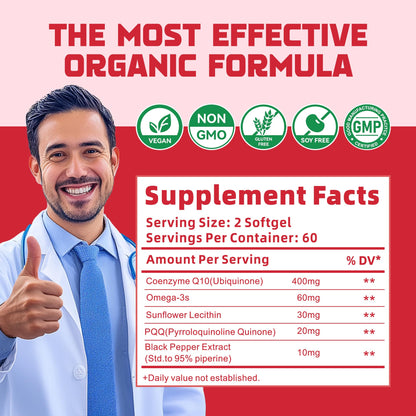 CoQ10 400mg Softgels with PQQ, BioPerine & Omega-3 | High-Absorption Coenzyme Q10 (120 Servings)